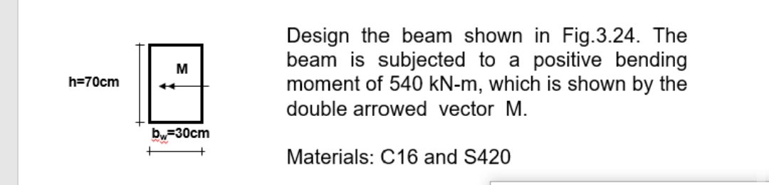 h=70cm
M
bw=30cm
Design the beam shown in Fig.3.24. The
beam is subjected to a positive bending
moment of 540 kN-m, which is shown by the
double arrowed vector M.
Materials: C16 and S420