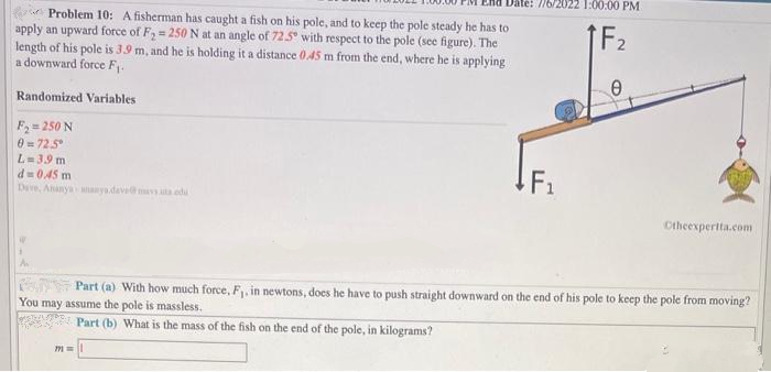 Date: 7/6/2022 1:00:00 PM
↑F₂
Problem 10: A fisherman has caught a fish on his pole, and to keep the pole steady he has to
apply an upward force of F₂= 250 N at an angle of 72.5° with respect to the pole (see figure). The
length of his pole is 3.9 m, and he is holding it a distance 0.45 m from the end, where he is applying
a downward force F₁.
Randomized Variables.
F₂=250 N
0= 72.5°
L=39 m
d=0.45 m
Dave, Ananya anaaya.dave@mavsuta edu
771
F₁
0
Otheexpertta.com
Part (a) With how much force, F₁, in newtons, does he have to push straight downward on the end of his pole to keep the pole from moving?
You may assume the pole is massless.
Part (b) What is the mass of the fish on the end of the pole, in kilograms?
I