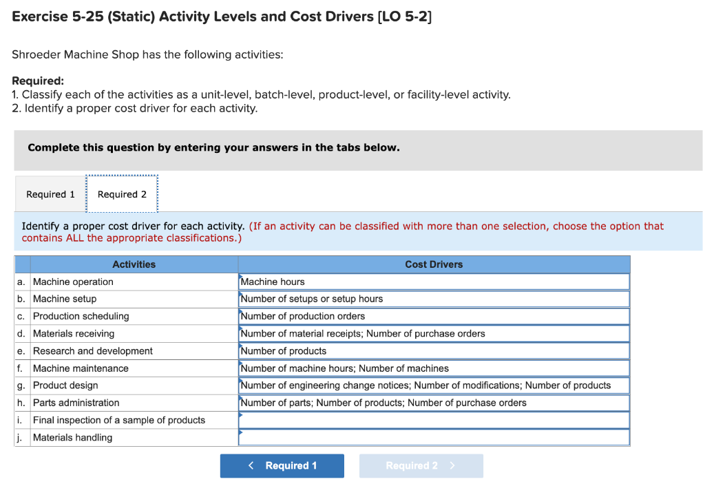 Exercise 5-25 (Static) Activity Levels and Cost Drivers [LO 5-2]
Shroeder Machine Shop has the following activities:
Required:
1. Classify each of the activities as a unit-level, batch-level, product-level, or facility-level activity.
2. Identify a proper cost driver for each activity.
Complete this question by entering your answers in the tabs below.
Required 1 Required 2
Identify a proper cost driver for each activity. (If an activity can be classified with more than one selection, choose the option that
contains ALL the appropriate classifications.)
Activities
a. Machine operation
b. Machine setup
c. Production scheduling
d. Materials receiving
e. Research and development
f. Machine maintenance
g. Product design.
h. Parts administration
i. Final inspection of a sample of products
j. Materials handling
Cost Drivers
Machine hours
Number of setups or setup hours
Number of production orders
Number of material receipts; Number of purchase orders
Number of products
Number of machine hours; Number of machines
Number of engineering change notices; Number of modifications; Number of products
Number of parts; Number of products; Number of purchase orders
< Required 1
Required 2