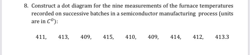 8. Construct a dot diagram for the nine measurements of the furnace temperatures
recorded on successive batches in a semiconductor manufacturing process (units
are in C°):
411,
413,
409,
415,
410,
409,
414,
412,
413.3
