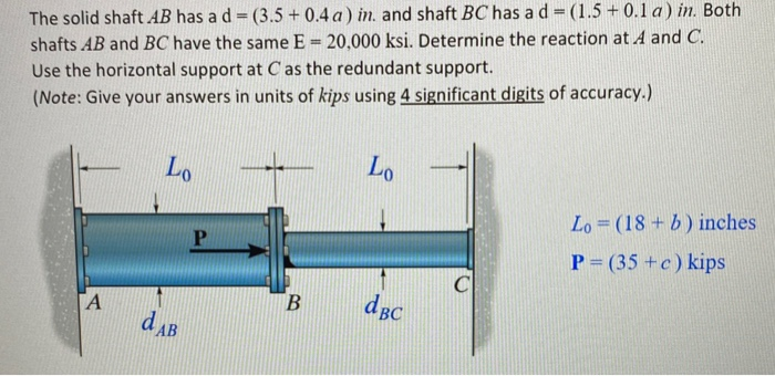 The solid shaft AB has a d = (3.5+ 0.4 a) in. and shaft BC has a d = (1.5 + 0.1 a) in. Both
shafts AB and BC have the same E = 20,000 ksi. Determine the reaction at A and C.
Use the horizontal support at C as the redundant support.
(Note: Give your answers in units of kips using 4 significant digits of accuracy.)
Lo
Lo
Lo = (18+b) inches
P (35 +c) kips
C
dBC
B
A
dAB
