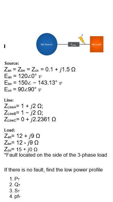 34 Source
Zune
30 Load
Source:
Zan = Zon = Zen = 0.1 + j1.5 n
Ean = 12020° v
%3D
Ebn = 1502 - 143.13° v
Ecn = 90290° v
%3D
Line:
ZLineA= 1 + j2 Q;
ZuineB= 1 - j2 Q;
ZLinec= 0 + j2.2361 Q
Load:
Zan= 12 + j9 Q
Zon= 12 - j9 Q
Zen= 15 + jo Q
*Fault located on the side of the 3-phase load
If there is no fault, find the low power profile
1. Pr
2. Qr
3. ST
4. pfr
