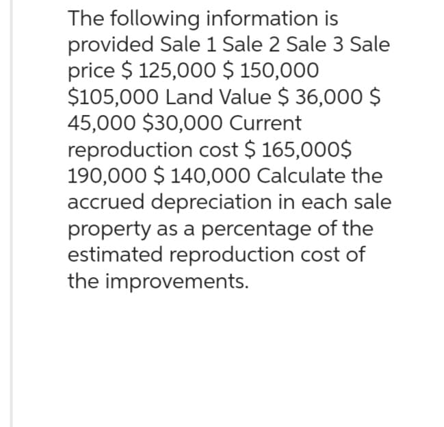 The following information is
provided Sale 1 Sale 2 Sale 3 Sale
price $ 125,000 $ 150,000
$105,000 Land Value $ 36,000 $
45,000 $30,000 Current
reproduction cost $ 165,000$
190,000 $140,000 Calculate the
accrued depreciation in each sale
property as a percentage of the
estimated reproduction cost of
the improvements.