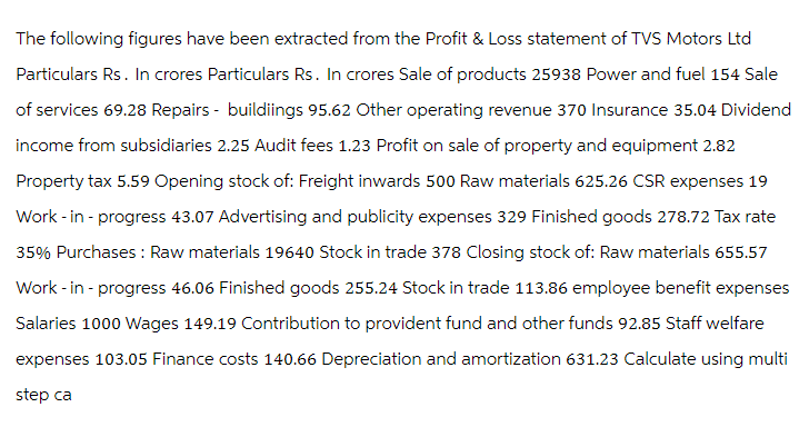 The following figures have been extracted from the Profit & Loss statement of TVS Motors Ltd
Particulars Rs. In crores Particulars Rs. In crores Sale of products 25938 Power and fuel 154 Sale
of services 69.28 Repairs - buildiings 95.62 Other operating revenue 370 Insurance 35.04 Dividend
income from subsidiaries 2.25 Audit fees 1.23 Profit on sale of property and equipment 2.82
Property tax 5.59 Opening stock of: Freight inwards 500 Raw materials 625.26 CSR expenses 19
Work - in - progress 43.07 Advertising and publicity expenses 329 Finished goods 278.72 Tax rate
35% Purchases: Raw materials 19640 Stock in trade 378 Closing stock of: Raw materials 655.57
Work-in - progress 46.06 Finished goods 255.24 Stock in trade 113.86 employee benefit expenses
Salaries 1000 Wages 149.19 Contribution to provident fund and other funds 92.85 Staff welfare
expenses 103.05 Finance costs 140.66 Depreciation and amortization 631.23 Calculate using multi
step ca