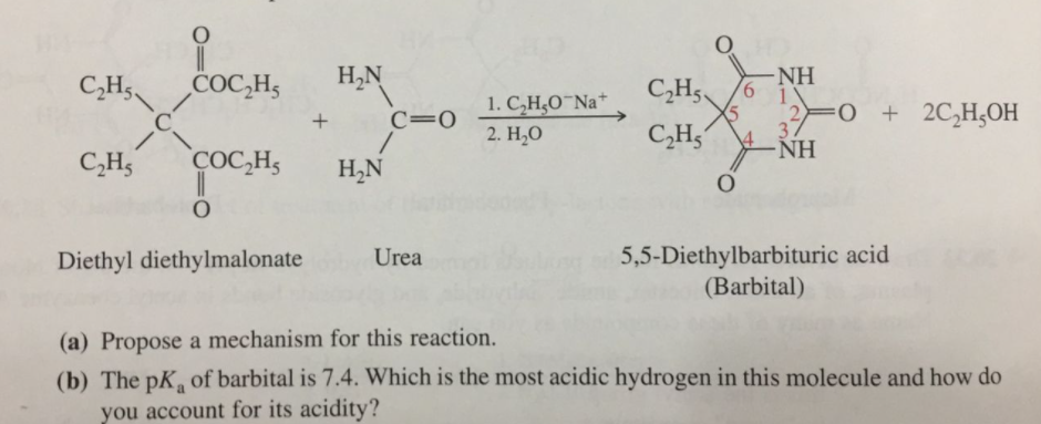 H,N
NH
COC,H;
C.
C,H5.
1. C,H,O¯N *
2. H,0
9.
2)
\4.
C=0
O + 2C,H;OH
C,H,
NH
C,H;
COC,H,
H,N
5,5-Diethylbarbituric acid
(Barbital)
Diethyl diethylmalonate
Urea
(a) Propose a mechanism for this reaction.
(b) The pK, of barbital is 7.4. Which is the most acidic hydrogen in this molecule and how do
you account for its acidity?
