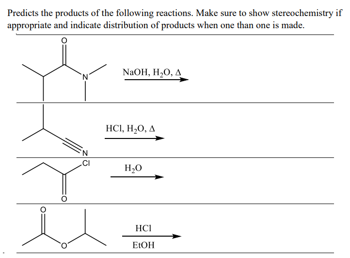 Predicts the products of the following reactions. Make sure to show stereochemistry if
appropriate and indicate distribution of products when one than one is made.
N
CI
NaOH, H₂O, A
HCI, H₂O, A
H₂O
HC1
EtOH