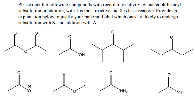 Please rank the following compounds with regard to reactivity by nucleophilic acyl
substitution or addition, with 1 is most reactive and 8 is least reactive. Provide an
explanation below to justify your ranking. Label which ones are likely to undergo
substitution with S, and addition with A.
elet
OH
l l
NH₂
i
CI