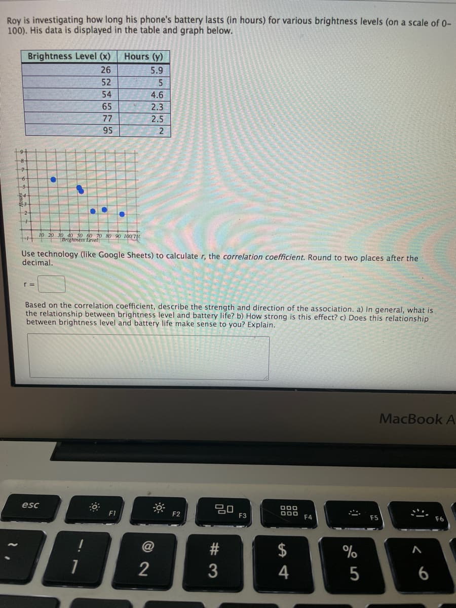 Roy is investigating how long his phone's battery lasts (in hours) for various brightness levels (on a scale of 0-
100). His data is displayed in the table and graph below.
Brightness Level (x)
Hours (y)
26
5.9
52
54
4.6
65
2.3
77
2.5
95
9
10 20 30 40 SO 60 70 80 90 10071
Brightness Levet
Use technology (like Google Sheets) to calculate r, the correlation coefficient. Round to two places after the
decimal.
r =
Based on the correlation coefficient, describe the strength and direction of the association. a) In general, what is
the relationship between brightness level and battery life? b) How strong is this effect? c) Does this relationship
between brightness level and battery life make sense to you? Explain.
MacBook A
esc
20
000
F1
F2
F3
F4
$
%
2
3
4
5
6
Nは に
