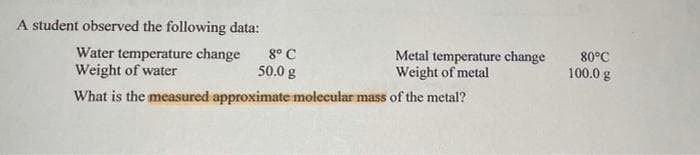 A student observed the following data:
Water temperature change
Weight of water
8° C
50.0 g
Metal temperature change
Weight of metal
80°C
100.0 g
What is the measured approximate molecular mass of the metal?
