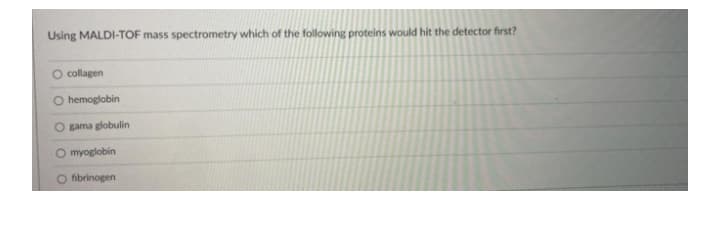 Using MALDI-TOF mass spectrometry which of the following proteins would hit the detector first?
O collagen
O hemoglobin
O gama globulin
myoglobin
O fibrinogen
