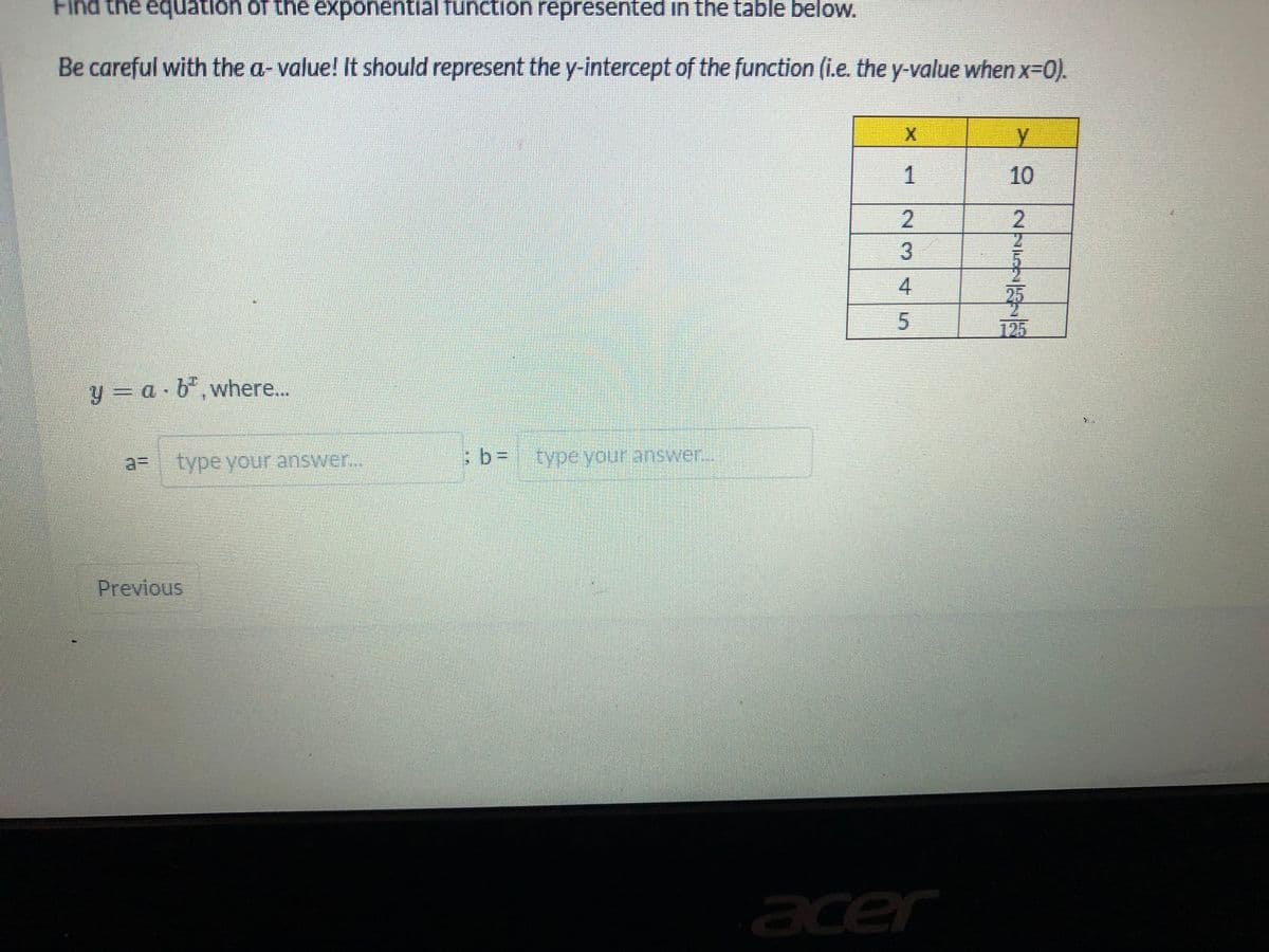 Find the equation of the exponential function represented in the table below.
Be careful with the a- value! It should represent the y-intercept of the function (i.e. the y-value when x=0).
10
2
2.
125
y = a b,where..
a- type youur answer
:b3D
% typeyour answer.
Previous
acer
1.
23
4.
