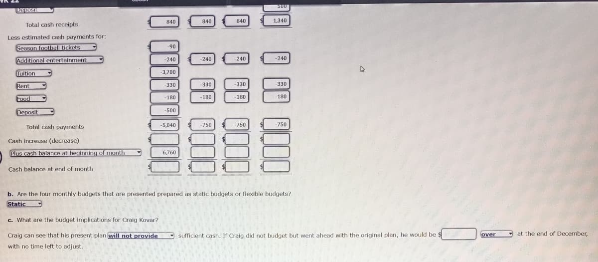 Deposit
Total cash receipts
Less estimated cash payments for:
Season football tickets
Additional entertainment
Tuition
Rent
Food
Deposit
Total cash payments
Cash increase (decrease)
Plus cash balance at beginning of month
Cash balance at end of month
0 000 000
00 00 00
⠀⠀⠀⠀⠀
10 000
QQQ
840
c. What are the budget implications for Craig Kovar?
Craig can see that his present plan will not provide
with no time left to adjust.
-90
-240
-3,700
-330
-180
-500
-5,040
6,760
-240
-330
-180
-750
840
-240
-330
-180
-750
1,340
-240
-330
-180
-750
b. Are the four monthly budgets that are presented prepared as static budgets or flexible budgets?
Static
sufficient cash. If Craig did not budget but went ahead with the original plan, he would be $
PA
120
over
at the end of December,