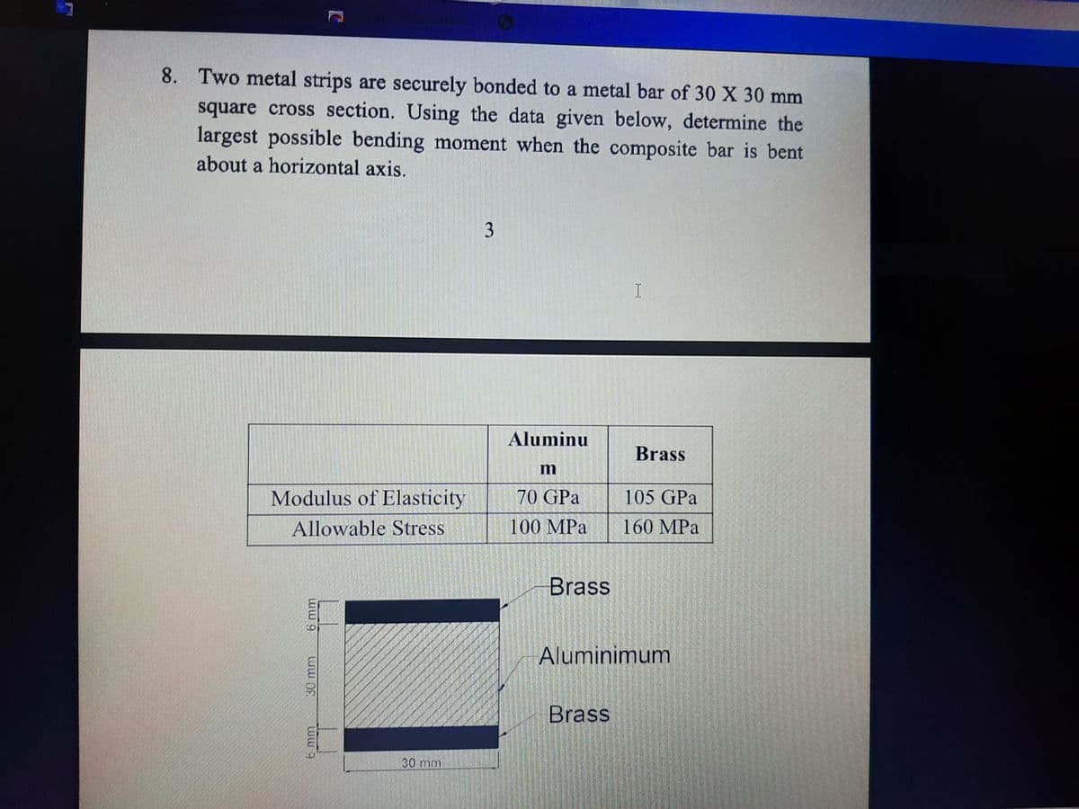 8. Two metal strips are securely bonded to a metal bar of 30 X 30 mm
square cross section. Using the data given below, determine the
largest possible bending moment when the composite bar is bent
about a horizontal axis.
I
Aluminu
Brass
m
Modulus of Elasticity
70 GPa
105 GPa
Allowable Stress
100 MPa
160 MPa
Brass
Aluminimum
Brass
30 mm
3.
ww 9
30 mm
