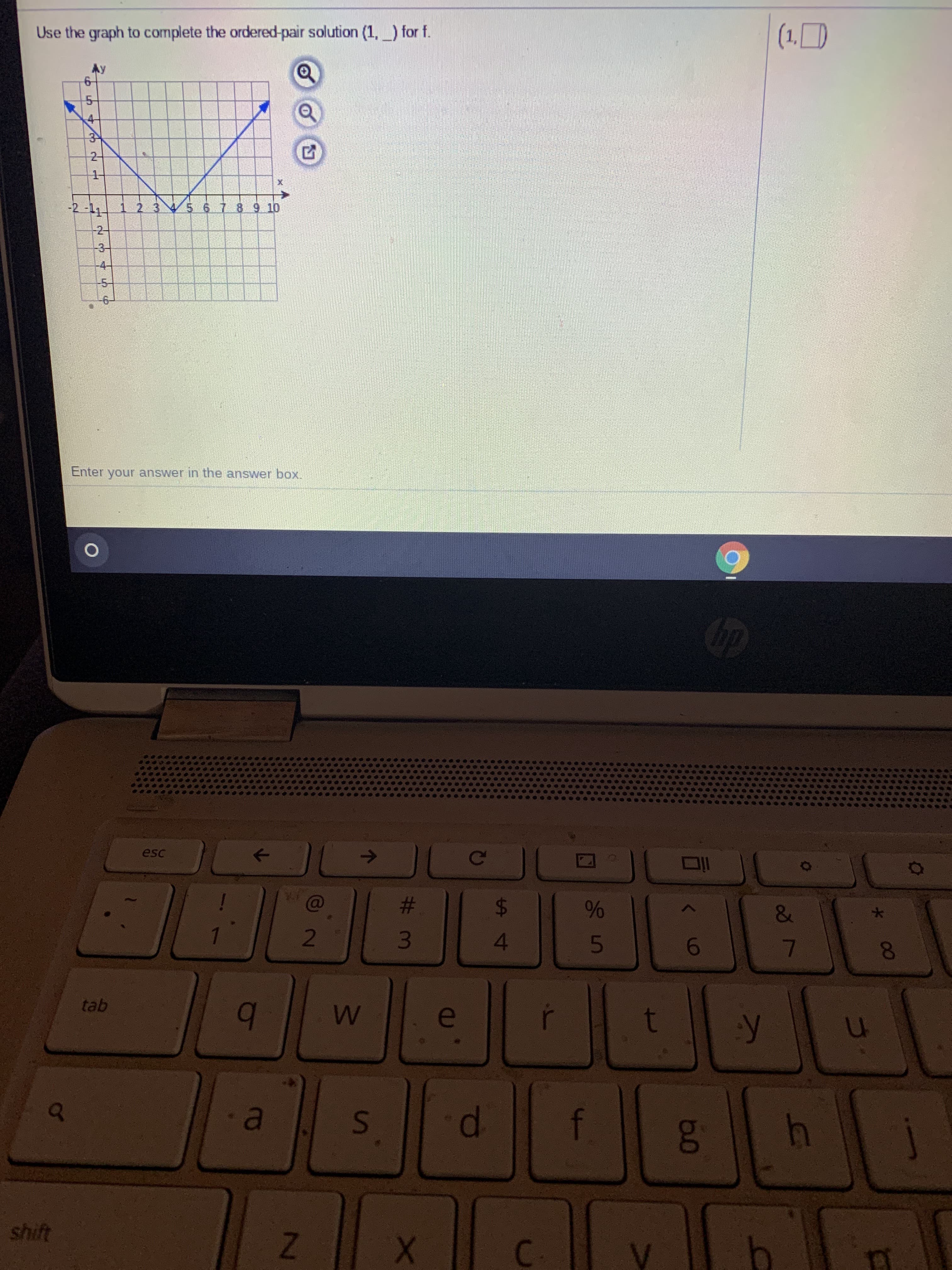 Use the graph to complete the ordered-pair solution (1,_) for f.
Ay
34
2-
-2-11 1 2 3 5 6 789 10
-2-
-3-
51
654 2
4.
