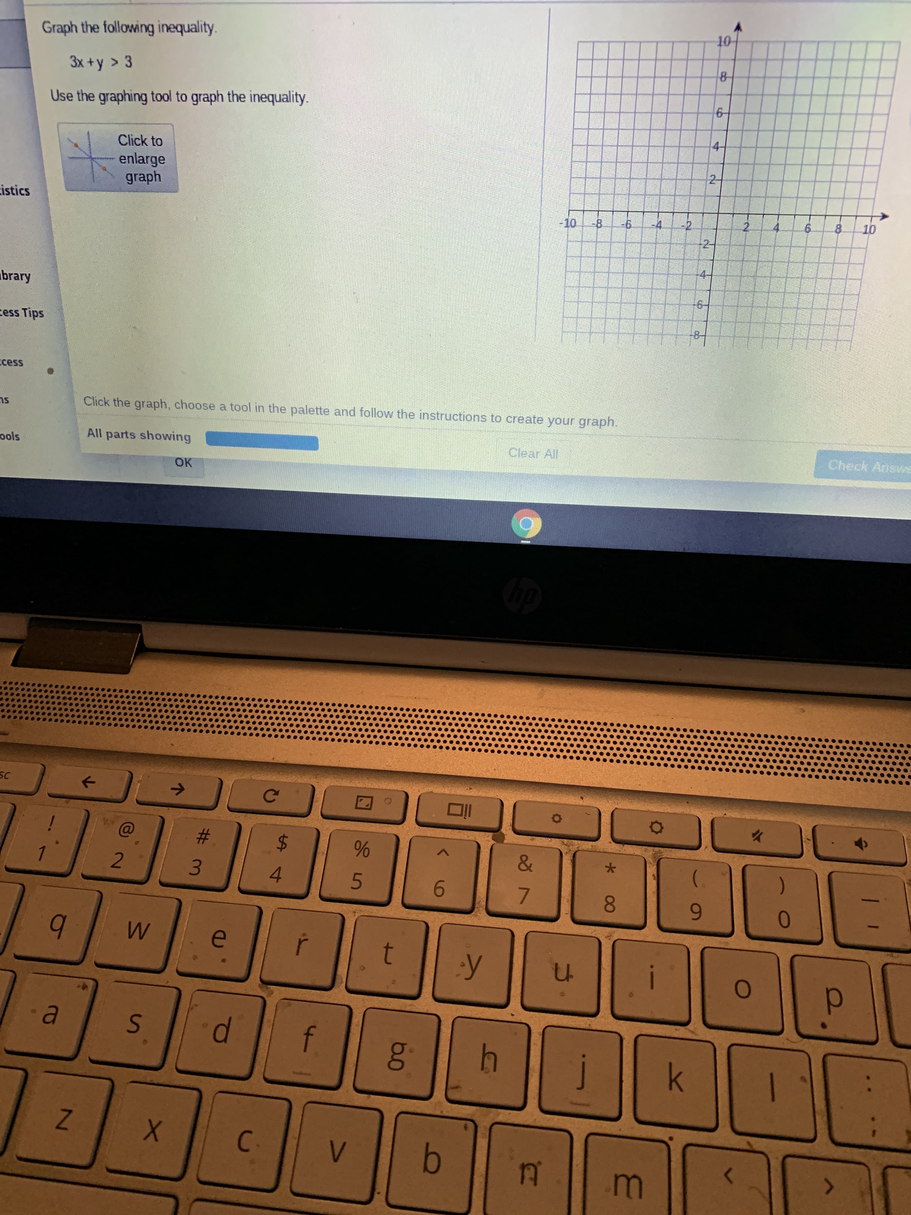 Graph the following inequality.
3x +y > 3
Use the graphing tool to graph the inequality.
