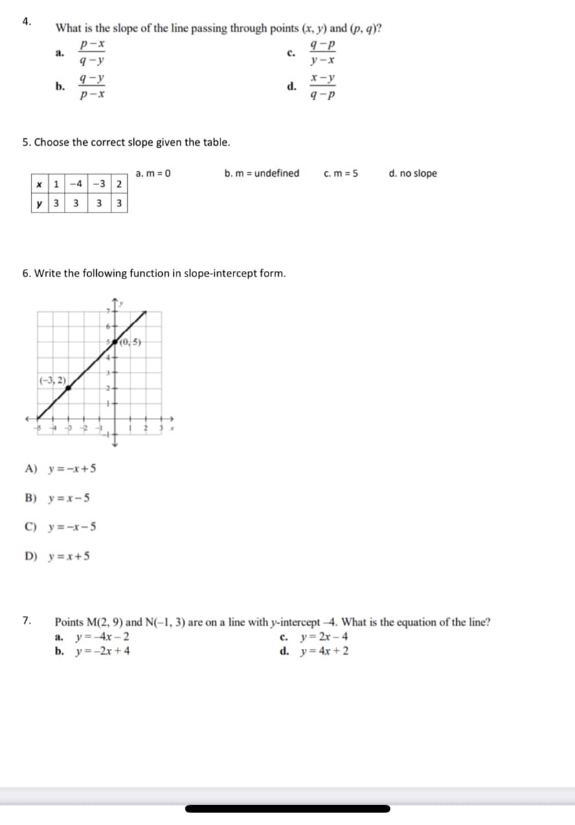 4.
What is the slope of the line passing through points (x, y) and (p, q)?
p- x
a.
9 -P
с.
9 -y
y -x
9-y
p -x
x-y
d.
b.
5. Choose the correct slope given the table.
a. m = 0
b. m = undefined
c. m = 5
d. no slope
x1 -4 -3 2
y 3
3
3
3
6. Write the following function in slope-intercept form.
(0,5)
(-3, 2)|
A) y=-x+5
в) у-х-5
C) y=-x-5
D) y=x+5
Points M(2, 9) and N(-1, 3) are on a line with y-intercept -4. What is the equation of the line?
y =-4x – 2
b.
7.
с. у3 2x - 4
d. y= 4x + 2
a.
y =-2x + 4
