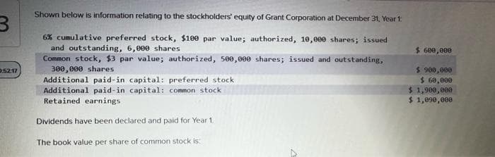 0:52:17
Shown below is information relating to the stockholders' equity of Grant Corporation at December 31, Year 1:
6% cumulative preferred stock, $100 par value; authorized, 10,000 shares; issued
and outstanding, 6,000 shares
Common stock, $3 par value; authorized, 500,000 shares; issued and outstanding,
300,000 shares
Additional paid-in capital: preferred stock
Additional paid-in capital: common stock
Retained earnings
Dividends have been declared and paid for Year 1.
The book value per share of common stock is:
$ 600,000
$ 900,000
$ 60,000
$ 1,900,000
$ 1,090,000