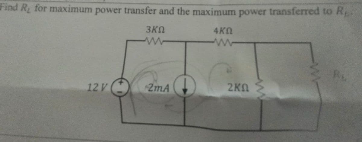 Find R, for maximum power transfer and the maximum power transferred to R₁.
4KQ
3ΚΩ
www
12 V
2mA
2KN