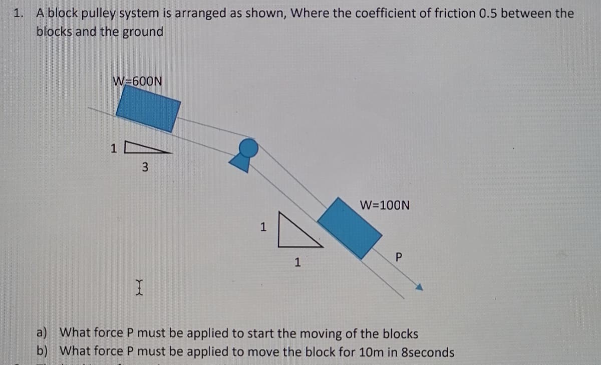 1. Ablock pulley system is arranged as shown, Where the coefficient of friction 0.5 between the
blocks and the ground
W=600N
1
3.
W=100N
1
1
a)
What force P must be applied to start the moving of the blocks
b) What force P must be applied to move the block for 10m in 8seconds
