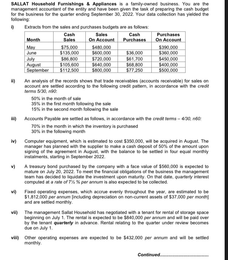 SALLAT Household Furnishings & Appliances is a family-owned business. You are the
management accountant of the entity and have been given the task of preparing the cash budget
for the business for the quarter ending September 30, 2022. Your data collection has yielded the
following:
i)
Extracts from the sales and purchases budgets are as follows:
Cash
Sales
Cash
Purchases
Month
Sales
On Account
Purchases
On Account
May
June
$75,000
$135,000
$480,000
$600,000
$390,000
$360,000
July
August
| September
$86,800
$105,600
$112,500
$36,000
$61,700
$68,800
$77,250
$720,000
$640,000
$800,000
$450,000
$400,000
$500,000
ii)
An analysis of the records shows that trade receivables (accounts receivable) for sales on
account are settled according to the following credit pattern, in accordance with the credit
terms 5/30, n90:
50% in the month of sale
35% in the first month following the sale
15% in the second month following the sale
Accounts Payable are settled as follows, in accordance with the credit terms - 4/30, n60:
iii)
70% in the month in which the inventory is purchased
30% in the following month
iv)
Computer equipment, which is estimated to cost $350,000, will be acquired in August. The
manager has planned with the supplier to make a cash deposit of 50% of the amount upon
signing of the agreement in August, with the balance to be settled in four equal monthly
instalments, starting in September 2022.
A treasury bond purchased by the company with a face value of $560,000 is expected to
mature on July 20, 2022. To meet the financial obligations of the business the management
team has decided to liquidate the investment upon maturity. On that date, quarterly interest
computed at a rate of 7½ % per annum is also expected to be collected.
v)
vi)
Fixed operating expenses, which accrue evenly throughout the year, are estimated to be
$1,812,000 per annum [including depreciation on non-current assets of $37,000 per month]
and are settled monthly.
vii) The management Sallat Household has negotiated with a tenant for rental of storage space
beginning on July 1. The rental is expected to be $840,000 per annum and will be paid over
by the tenant quarterly in advance. Rental relating to the quarter under review becomes
due on July 1.
viii) Other operating expenses are expected to be $432,000 per annum and will be settled
monthly.
Continued...
.......
