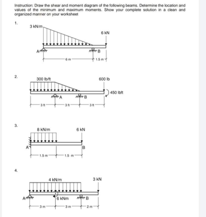 Instruction: Draw the shear and moment diagram of the following beams. Determine the location and
values of the minimum and maximum moments. Show your complete solution in a clean and
organized manner on your worksheet
1.
3 kN/m,
6 KN
Arfn
1.5 m
2.
300 lb/t
600 ib
450 lbft
3.
8 kN/m
6 kN
1.5 m
4 kN/m
3 kN
Arf
6 kNm
3 m
3 m
2 m
