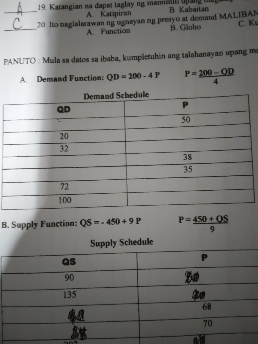 19. Katangian na dapat taglay ng maminm
A. Katipiran
upang
B Kabaitan
20. Ito naglalarawan ng ugnayan ng presyo at demand MALIBAN
C. Ku
A. Function
B. Globo
PANUTO : Mula sa datos sa ibaba, kumpletuhin ang talahanayan upang ma
P 200-OD
4.
A.
Demand Function: QD = 200 - 4 P
%3D
Demand Schedule
QD
50
20
32
38
35
72
100
B. Supply Function: QS = - 450 + 9 P
P= 450 + QS
Supply Schedule
Qs
90
135
68
70
207
