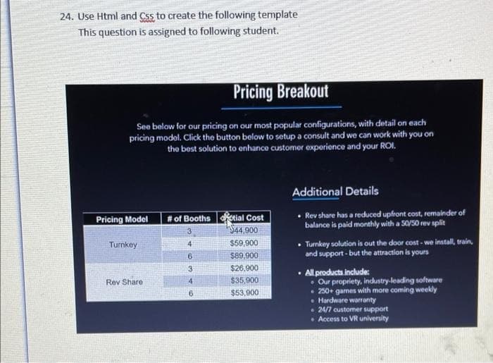 24. Use Html and Css to create the following template
This question is assigned to following student.
Pricing Breakout
See below for our pricing on our most popular configurations, with detail on each
pricing model. Click the button below to setup a consult and we can work with you on
the best solution to enhance customer experience and your ROI.
Additional Details
• Rev share has a reduced upfront cost, remainder of
balance is paid monthly with a 50/50 rev split
# of Booths tial Cost
S44,900
$59,900
$89,900
Pricing Model
Turnkey solution is out the door cost - we install, train,
and support - but the attraction is yours
Turnkey
4.
6.
3
$26.900
All products include:
• Our propriety, industry-leading software
• 250+ games with more coming weekly
• Hardware warranty
• 24/7 customer support
• Access to VR university
Rev Share
4
$35,900
6.
$53,900
