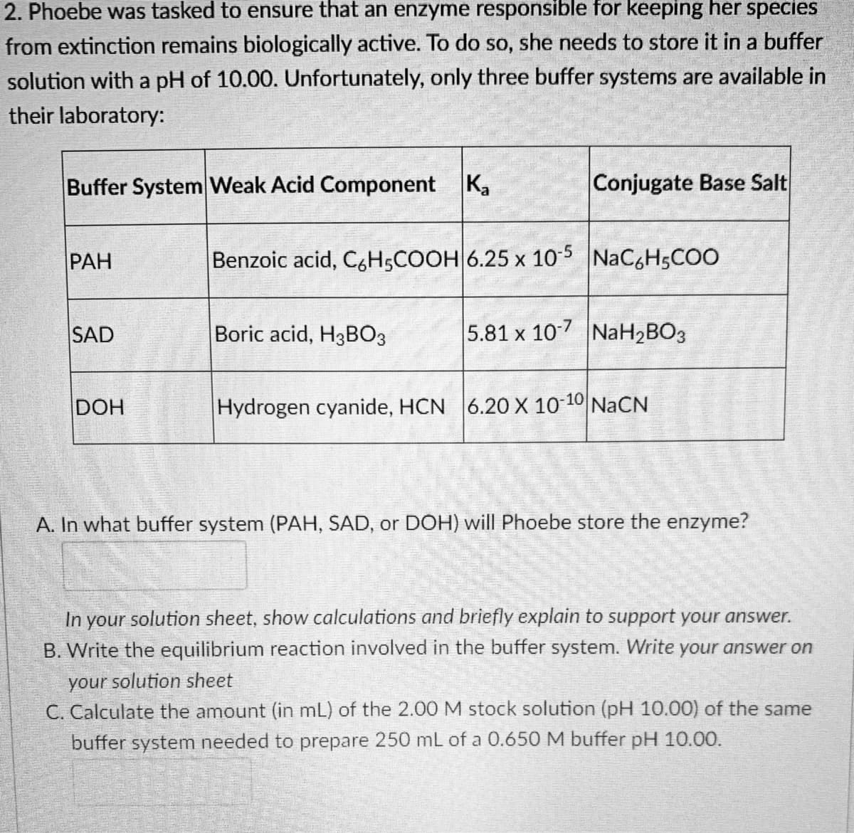 2. Phoebe was tasked to ensure that an enzyme responsible for keeping her species
from extinction remains biologically active. To do so, she needs to store it in a buffer
solution with a pH of 10.00. Unfortunately, only three buffer systems are available in
their laboratory:
Buffer System Weak Acid Component Ka
Conjugate Base Salt
PAH
Benzoic acid, C6H5COOH 6.25 x 10-5 NaC6H5COO
SAD
Boric acid, H3BO3
5.81 x 10-7 NaH₂BO3
DOH
Hydrogen cyanide, HCN 6.20 X 10-10 NaCN
A. In what buffer system (PAH, SAD, or DOH) will Phoebe store the enzyme?
In your solution sheet, show calculations and briefly explain to support your answer.
B. Write the equilibrium reaction involved in the buffer system. Write your answer on
your solution sheet
C. Calculate the amount (in mL) of the 2.00 M stock solution (pH 10.00) of the same
buffer system needed to prepare 250 mL of a 0.650 M buffer pH 10.00.