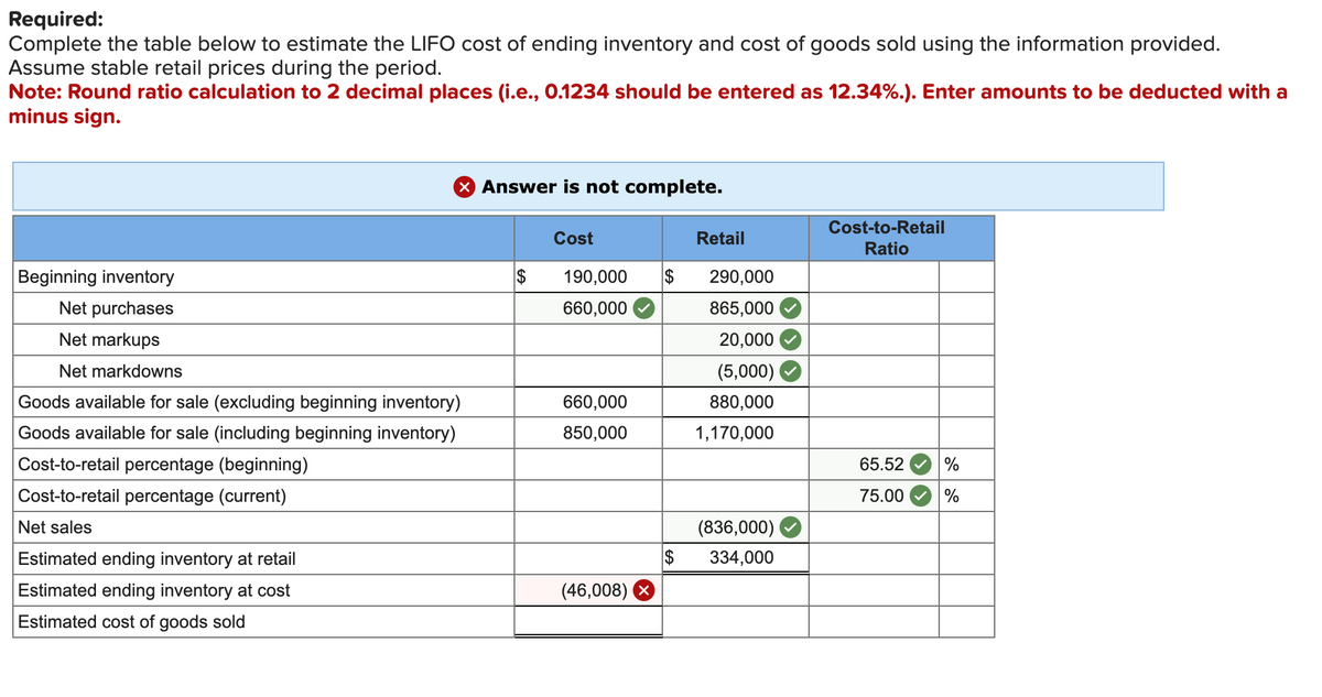 Required:
Complete the table below to estimate the LIFO cost of ending inventory and cost of goods sold using the information provided.
Assume stable retail prices during the period.
Note: Round ratio calculation to 2 decimal places (i.e., 0.1234 should be entered as 12.34%.). Enter amounts to be deducted with a
minus sign.
Beginning inventory
Net purchases
Net markups
Net markdowns
Goods available for sale (excluding beginning inventory)
Goods available for sale (including beginning inventory)
Cost-to-retail percentage (beginning)
Cost-to-retail percentage (current)
Net sales
Estimated ending inventory at retail
Estimated ending inventory at cost
Estimated cost of goods sold
× Answer is not complete.
Cost-to-Retail
Cost
Retail
Ratio
$
190,000 $
290,000
660,000
865,000
20,000
(5,000)
660,000
880,000
850,000
1,170,000
65.52
%
75.00
%
(836,000)
$ 334,000
(46,008) X
