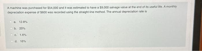 A machine was purchased for $54,000 and it was estimated to have a $9,000 salvage value at the end of its useful life. A monthly
depreciation expense of $600 was recorded using the straight-line method. The annual depreciation rate is
a. 12.8%
b. 20%
c. 1.6%
d. 16%