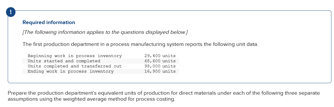 !
Required information
[The following information applies to the questions displayed below.]
The first production department in a process manufacturing system reports the following unit data.
Beginning work in process inventory
Units started and completed
Units completed and transferred out
Ending work in process inventory
29, 400 units
68, 600 units
98,000 units
16,900 units
Prepare the production department's equivalent units of production for direct materials under each of the following three separate
assumptions using the weighted average method for process costing.