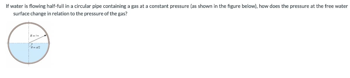 If water is flowing half-full in a circular pipe containing a gas at a constant pressure (as shown in the figure below), how does the pressure at the free water
surface change in relation to the pressure of the gas?
