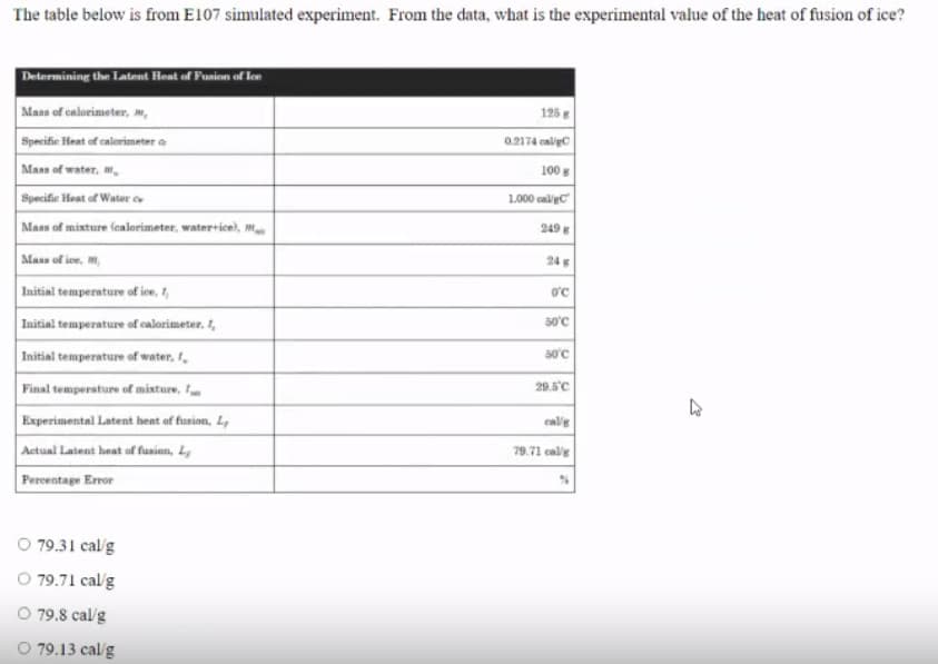 The table below is from E107 simulated experiment. From the data, what is the experimental value of the heat of fusion of ice?
Determining the Latent Heat of Punion of le
Maas of calorimeter, m,
125
Specifir Heat of calerimeter a
Mass of water, m.
Specifie Heat of Water
Mass of mixture fealorimeter, water+ice), m
0.2174 caliyc
100
1.000 calec
249
Mass of ice, M,
24
Initial temperature of ice, 1,
O'c
Initial temperature of calorimeter, 1,
50°c
Initial temperature of water, I.
50'c
Final temperature of mixture,
Experimental Latent hent of fusion, L,
Actual Latent heat of fuasion, L,
Percentage Error
29.5°c
calg
79.71 cal'g
O 79.31 calg
O 79.71 calg
O 79.8 cal'g
O 79.13 calg
