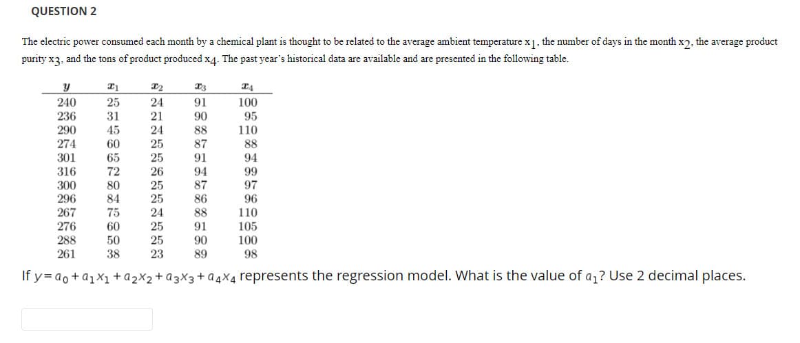 QUESTION 2
The electric power consumed each month by a chemical plant is thought to be related to the average ambient temperature x1, the number of days in the month x2, the average product
purity x3, and the tons of product produced x4. The past year's historical data are available and are presented in the following table.
240
25
24
91
100
236
31
21
90
95
290
45
24
88
110
274
60
25
87
88
301
65
25
91
94
316
72
26
94
99
300
80
25
87
97
296
84
25
86
96
267
75
24
88
110
276
60
25
91
105
288
50
25
90
100
261
38
23
89
98
If y= ao+a1x1 +a2X2+a3X3+a4X4 represents the regression model. What is the value of a,? Use 2 decimal places.
