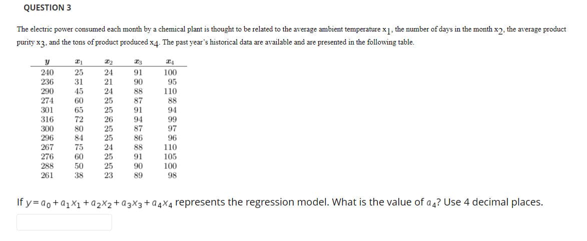 QUESTION 3
The electric power consumed each month by a chemical plant is thought to be related to the average ambient temperature x1, the number of days in the month x), the average product
purity x3, and the tons of product produced x4. The past year's historical data are available and are presented in the following table.
240
25
24
91
100
31
236
290
21
90
95
110
45
24
88
274
60
25
87
88
301
65
25
91
94
316
72
94
26
25
25
99
97
300
80
87
296
84
86
96
267
75
24
88
110
276
60
25
91
105
288
261
50
25
90
100
38
23
89
98
If y= ao+@1X1+a2x2+@3X3+ a4X4 represents the regression model. What is the value of a4? Use 4 decimal places.
