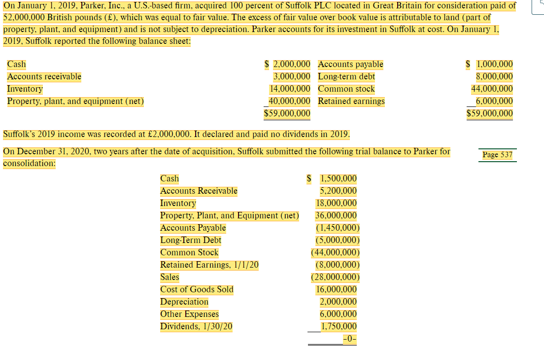 ### Acquisition of Suffolk PLC by Parker, Inc.

#### Overview

On January 1, 2019, Parker, Inc. (a U.S.-based firm) acquired 100 percent of Suffolk PLC, located in Great Britain, for a consideration of £52,000,000 British pounds (£), equivalent to fair value. The excess fair value over book value is attributable to land, a part of property, plant, and equipment, and is not subject to depreciation. Parker records its investment in Suffolk at cost.

#### Suffolk's Balance Sheet (January 1, 2019)

Suffolk reported the following balance sheet as of January 1, 2019:

- **Cash:** $2,000,000
- **Accounts Receivable:** $3,000,000
- **Inventory:** $14,000,000
- **Property, Plant, and Equipment (net):** $40,000,000
- **Total Assets:** $59,000,000

- **Accounts Payable:** $1,000,000
- **Long-term Debt:** $8,000,000
- **Common Stock:** $44,000,000
- **Retained Earnings:** $6,000,000
- **Total Liabilities and Equity:** $59,000,000

#### Income and Dividends

For the year 2019, Suffolk reported an income of £2,000,000 and did not declare or pay any dividends.

#### Trial Balance (December 31, 2020)

Two years post-acquisition, on December 31, 2020, Suffolk submitted the following trial balance to Parker for consolidation:

- **Cash:** $1,500,000
- **Accounts Receivable:** $5,200,000
- **Inventory:** $18,000,000
- **Property, Plant, and Equipment (net):** $36,000,000

- **Accounts Payable:** $(1,450,000)
- **Long-Term Debt:** $(5,000,000)
- **Common Stock:** $(44,000,000)
- **Retained Earnings (1/1/20):** $(8,000,000)
- **Sales:** $(28,000,000)
- **Cost of Goods Sold:** $16,000,000
- **Depreciation:** $2,000,000
- **Other Expenses:** $6,000,