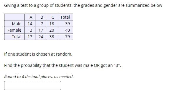 Giving a test to a group of students, the grades and gender are summarized below
A
с
18
Male 14 7
Female 3 17 20
Total 17 24 38
B
877
Total
39
40
79
If one student is chosen at random,
Find the probability that the student was male OR got an "B".
Round to 4 decimal places, as needed.