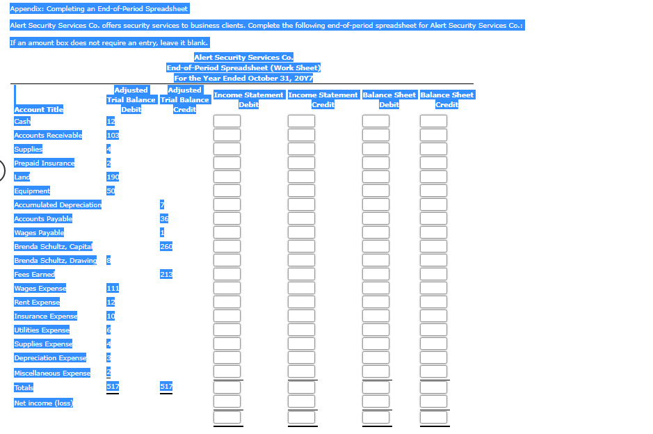 Appendix: Completing an End-of-Period Spreadsheet
Alert Security Services Co. offers security services to business clients. Complete the following end-of-period spreadsheet for Alert Security Services Co.:
If an amount box does not require an entry, leave it blank.
Alert Security Services Co.
End-of-Period Spreadsheet (Work Sheet)
For the Year Ended October 31, 20Y7
Adjusted
Adjusted
Trial Balance Trial Balance
Debit
Income Statement Income Statement Balance Sheet Balance Sheet
Credit
Debit
Debit
Credit
Account Title
Credit
Cash
12
Accounts Receivable
103
Supplies
Prepaid Insurance
Land
190
50
Accumulated Depreciation
Equipment
Accounts Payable
36
Wages Payable
Brenda Schultz, Capital
Brenda Schultz, Drawing E
260
Fees Earned
213
Wages Expense
Rent Expense
Insurance Expense
Utilities Expense
Supplies Expense
Depreciation Expense
Miscellaneous Expense
Totals
517
517
Net income (loss
