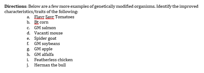 Directions: Below are a few more examples of genetically modified organisms. Identify the improved
characteristics/traits of the following:
a. Elavr Saxr Tomatoes
b. Bt corn
c. GM salmon
d. Vacanti mouse
e. Spider goat
f. GM soybeans
g. GM apple
h. GM alfalfa
i. Featherless chicken
j. Herman the bull
