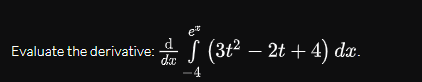 et
Evaluate the derivative:
da
4
S (3t2 – 2t + 4) dæ.
