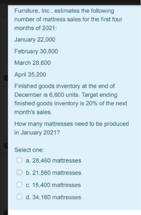 Furniture, Inc., estimates the following
number of mattress sales for the first four
months of 2021:
January 22,000
February 30,800
March 28,600
April 35,200
Finished goods inventory at the end of
December is 6,600 units. Target ending
finished goods inventory is 20% of the next
month's sales.
How many mattresses need to be produced
in January 2021?
Select one:
a. 28,460 mattresses
b. 21,560 mattresses
c. 15,400 mattresses
d. 34,160 mattresses