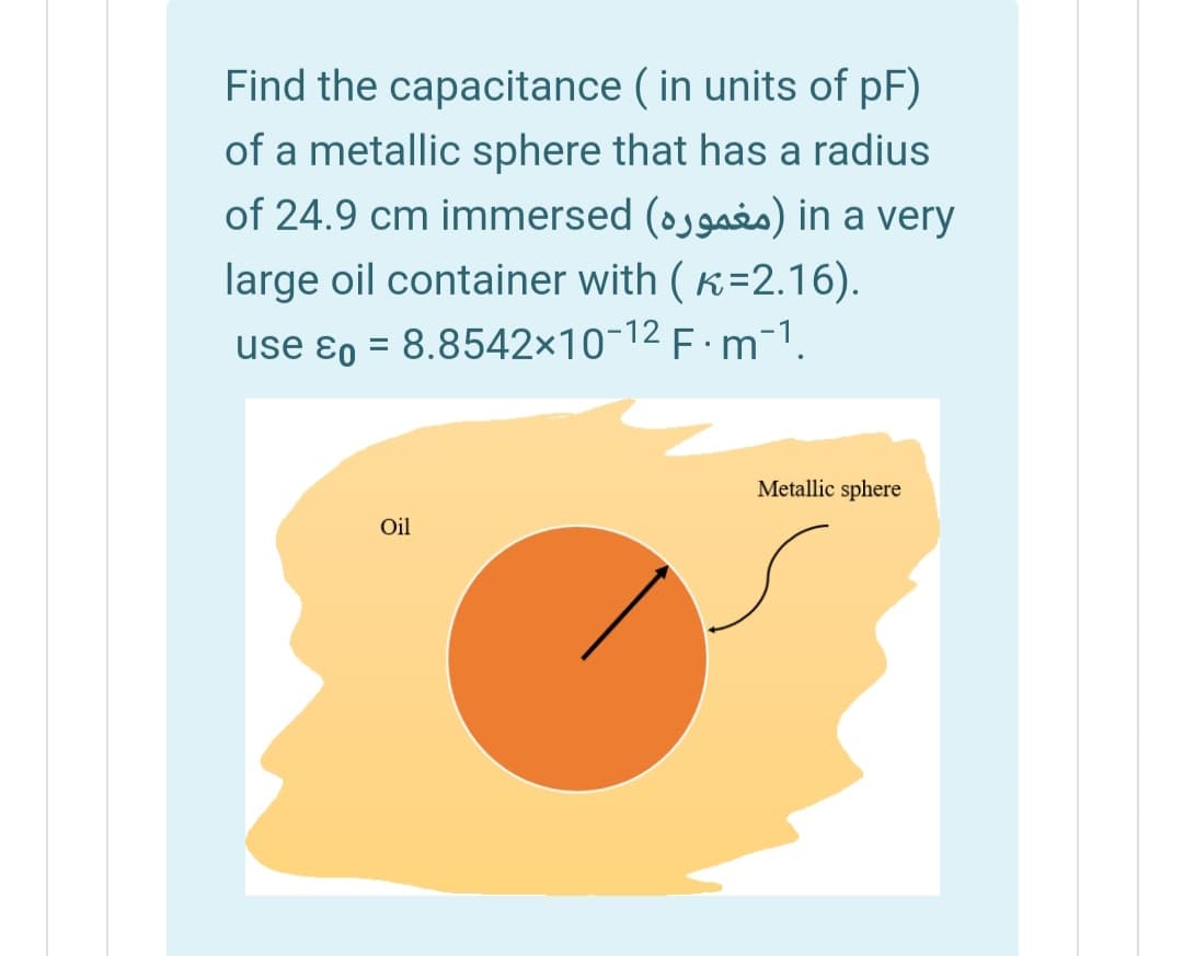 Find the capacitance ( in units of pF)
of a metallic sphere that has a radius
of 24.9 cm immersed (oggs) in a very
large oil container with ( K=2.16).
use ɛo = 8.8542×10-12 F · m-1
Metallic sphere
Oil
