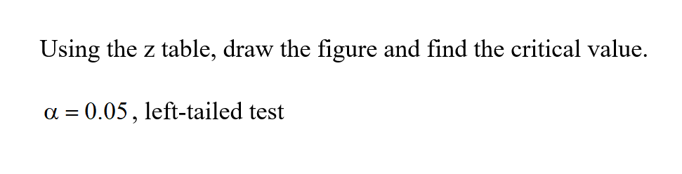 Using the z table, draw the figure and find the critical value.
a = 0.05, left-tailed test
