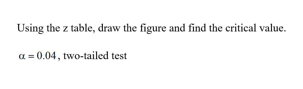 Using the z table, draw the figure and find the critical value.
a = 0.04, two-tailed test
