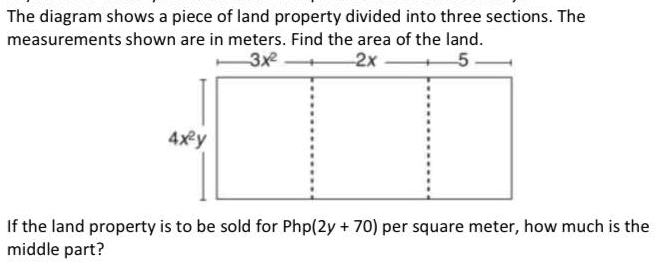 The diagram shows a piece of land property divided into three sections. The
measurements shown are in meters. Find the area of the land.
3x
2x
4xey
If the land property is to be sold for Php(2y + 70) per square meter, how much is the
middle part?
