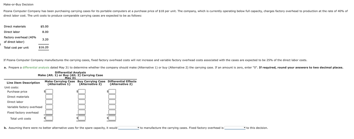 Make-or-Buy Decision
Pizana Computer Company has been purchasing carrying cases for its portable computers at a purchase price of $18 per unit. The company, which is currently operating below full capacity, charges factory overhead to production at the rate of 40% of
direct labor cost. The unit costs to produce comparable carrying cases are expected to be as follows:
Direct materials
Direct labor
Factory overhead (40%
of direct labor)
Total cost per unit
$5.00
8.00
3.20
$16.20
If Pizana Computer Company manufactures the carrying cases, fixed factory overhead costs will not increase and variable factory overhead costs associated with the cases are expected to be 25% of the direct labor costs.
a. Prepare a differential analysis dated May 31 to determine whether the company should make (Alternative 1) or buy (Alternative 2) the carrying case. If an amount is zero, enter "0". If required, round your answers to two decimal places.
Differential Analysis
Make (Alt. 1) or Buy (Alt. 2) Carrying Case
May 31
Line Item Description
Unit costs:
Purchase price
Direct materials
Direct labor
Variable factory overhead
Fixed factory overhead
Total unit costs
Make Carrying Case Buy Carrying Case
(Alternative 1) (Alternative 2)
Differential Effects
(Alternative 2)
b. Assuming there were no better alternative uses for the spare capacity, it would
to manufacture the carrying cases. Fixed factory overhead is
to this decision.