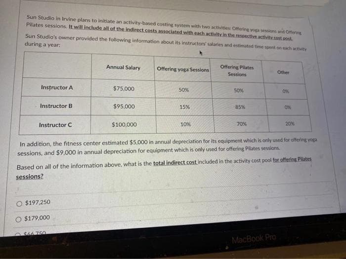 Sun Studio in Irvine plans to initiate an activity-based costing system with two activities: Offering yoga sessions and Ottering
Pilates sessions. It will include all of the indirect costs associated with each activity in the respective activity cost pool
Sun Studio's owner provided the following information about its instructors' salaries and estimated time spent on each activity
during a year:
Annual Salary
Offering yoga Sessions
Offering Pilates
Sessions
Other
Instructor A
$75,000
50%
50%
0%
Instructor B
$95,000
15%
85%
0%
Instructor C
$100,000
10%
70%
20%
In addition, the fitness center estimated $5,000 in annual depreciation for its equipment which is only used for offering yoga
sessions, and $9.000 in annual depreciation for equipment which is only used for offering Pilates sessions.
Based on all of the information above, what is the total indirect cost included in the activity cost pool for offering Pilates
sessions?
O $197,250
$179,000
$66 750
MacBook Pro
