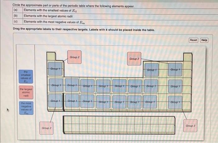 Circle the approximate part or parts of the periodic table where the following elements appear.
(a) Elements with the smallest values of Ea
(b)
Elements with the largest atomic radil
(c)
Elements with the most negative values of Ea
Drag the appropriate labels to their respective targets. Labels with E should be placed inside the table.
Group 2
Group 2
Group 1
Group T
the
smallest
values of
Ea
Group 1
Group t
the largest
atomic
radi
Group-1
Group 1
the most
negative
values of
E
Group 2
Group
Group 1
Group T
Group-1
Group T
Group 1
Group 1
Group t
Group T
Group 1
Group 1
Group T
Group 1
Reset Help
Group 2