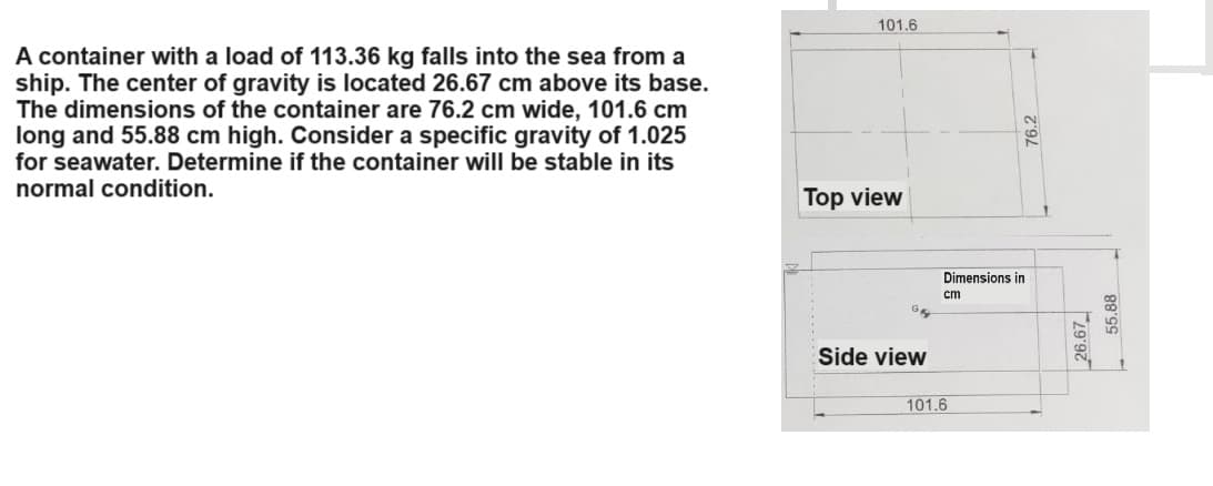 A container with a load of 113.36 kg falls into the sea from a
ship. The center of gravity is located 26.67 cm above its base.
The dimensions of the container are 76.2 cm wide, 101.6 cm
long and 55.88 cm high. Consider a specific gravity of 1.025
for seawater. Determine if the container will be stable in its
normal condition.
101.6
Top view
Dimensions in
cm
G
Side view
101.6
26.67
55.88