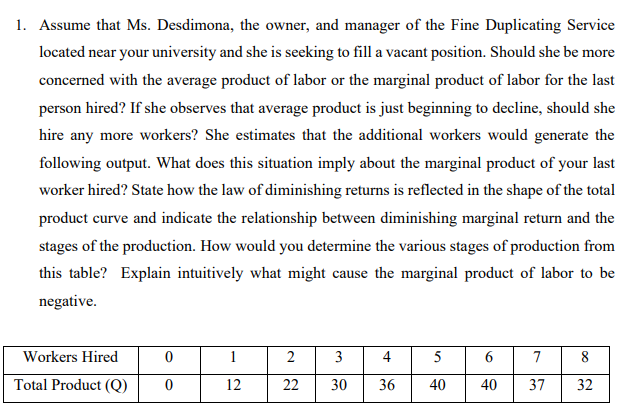 1. Assume that Ms. Desdimona, the owner, and manager of the Fine Duplicating Service
located near your university and she is seeking to fill a vacant position. Should she be more
concerned with the average product of labor or the marginal product of labor for the last
person hired? If she observes that average product is just beginning to decline, should she
hire any more workers? She estimates that the additional workers would generate the
following output. What does this situation imply about the marginal product of your last
worker hired? State how the law of diminishing returns is reflected in the shape of the total
product curve and indicate the relationship between diminishing marginal return and the
stages of the production. How would you determine the various stages of production from
this table? Explain intuitively what might cause the marginal product of labor to be
negative.
Workers Hired
1
4
5
7
8
Total Product (Q)
12
22
30
36
40
40
37
32
6,
3.
2.
